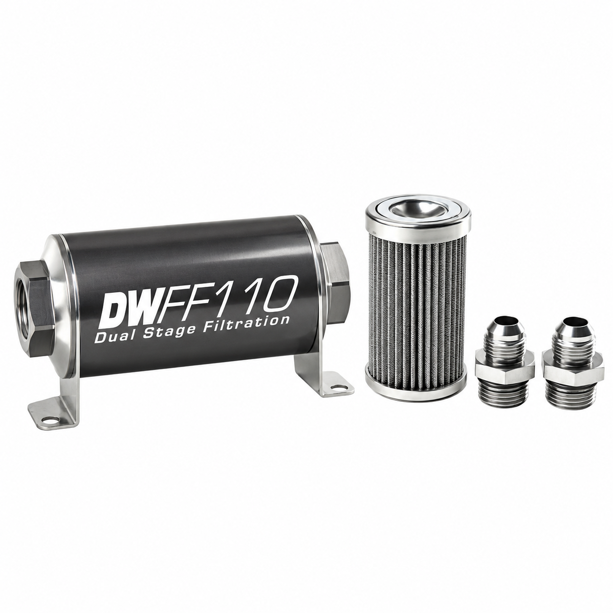DeatschWerks 110mm Stainless Steel 8AN 10 Micron Inline Fuel Filter Housing Kit